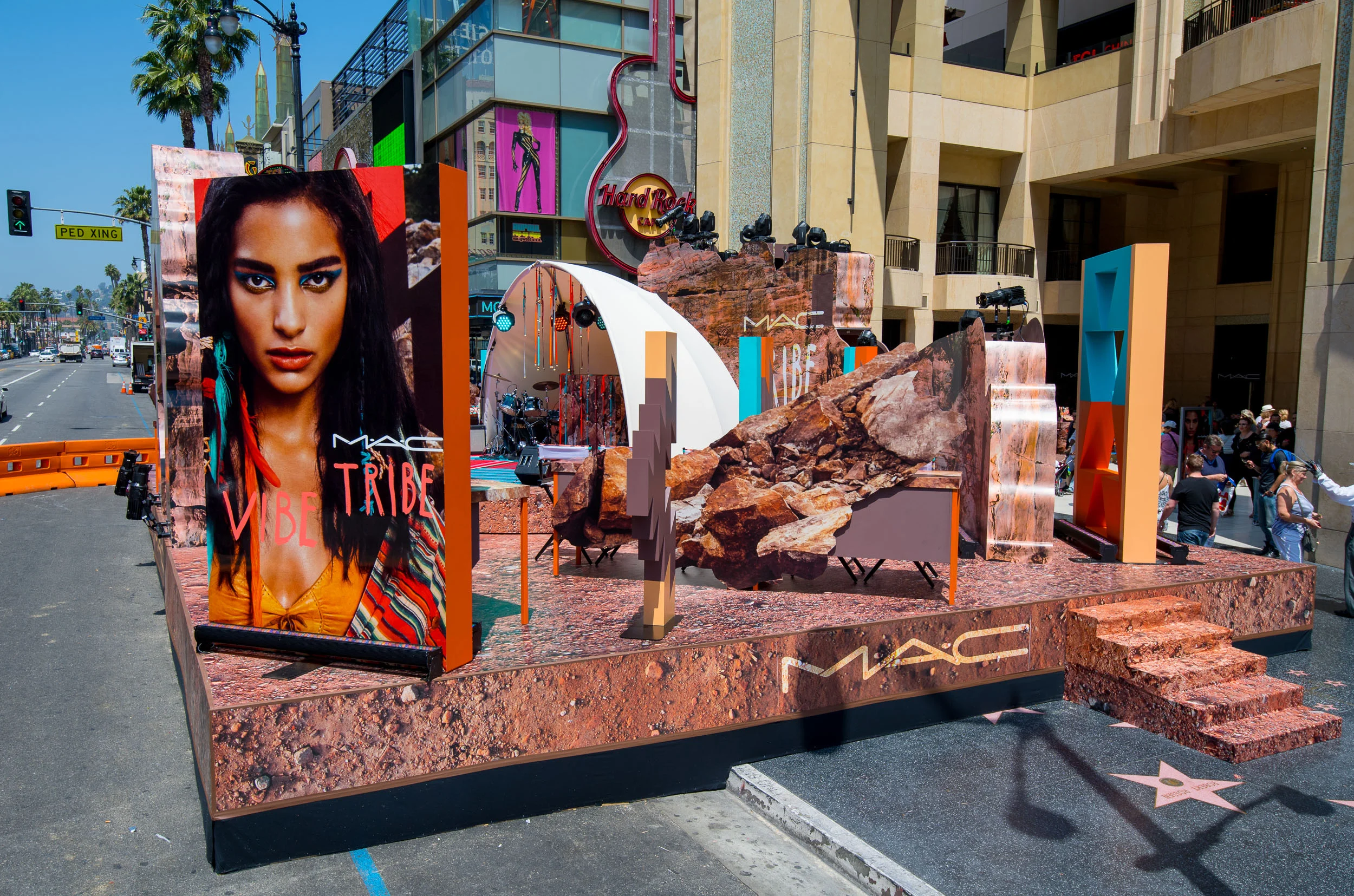 The Set for "Vibe Tribe" on Hollywood Blvd.  DJs and Bands