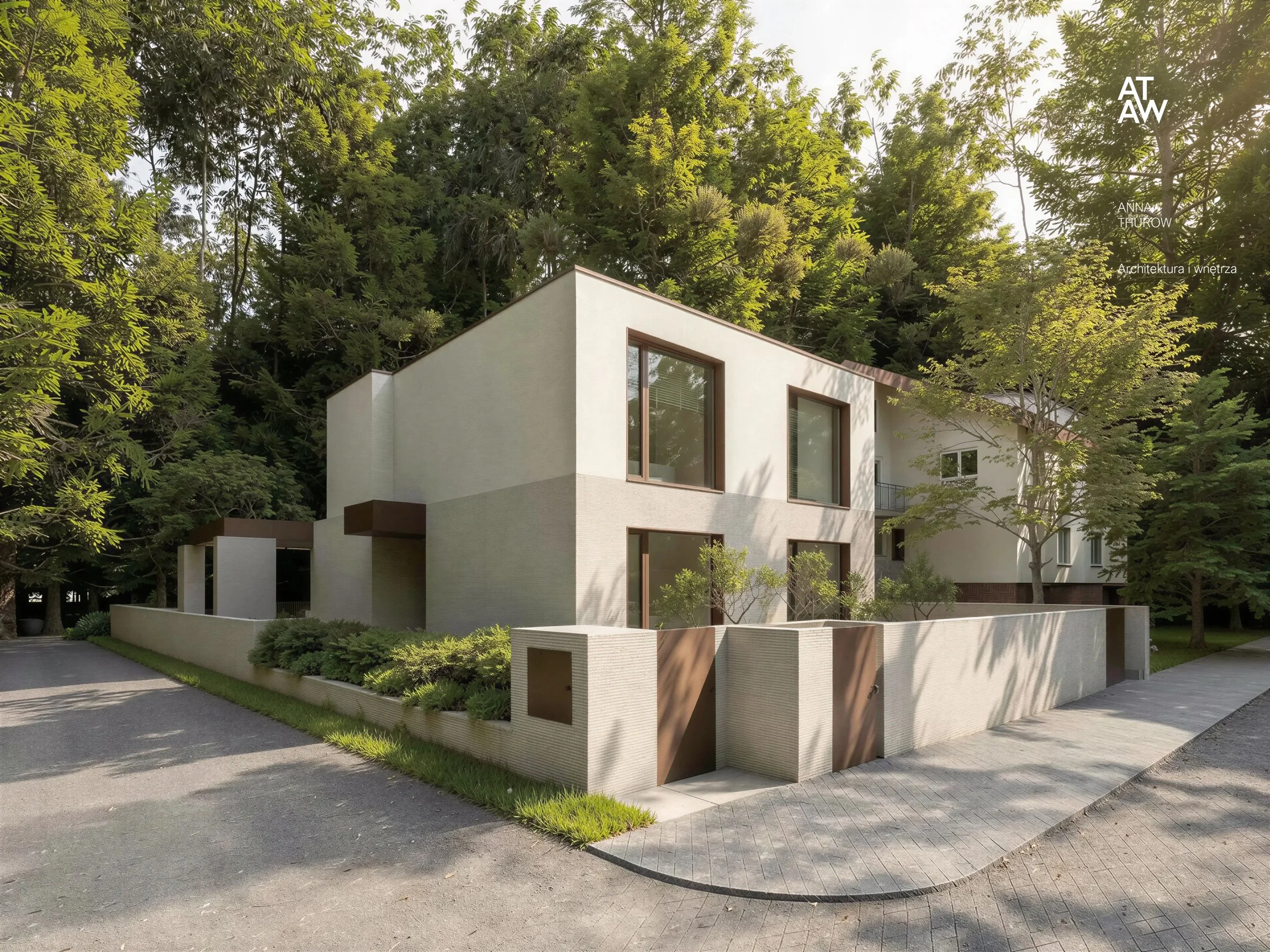 Nowoczesny dom typu kostka z płaskim dachem nad jeziorem w Szczecinie | ANNA THUROW Architektura i wnętrza