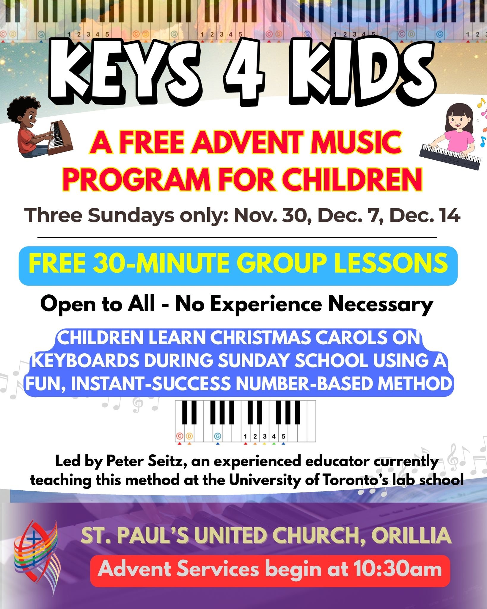 🎹KEYS 4 KIDS at St. Paul’s United Church!   Free keyboard lessons for children during the first 3 Sundays of Advent!   Nov 30, Dec 7, Dec 14  