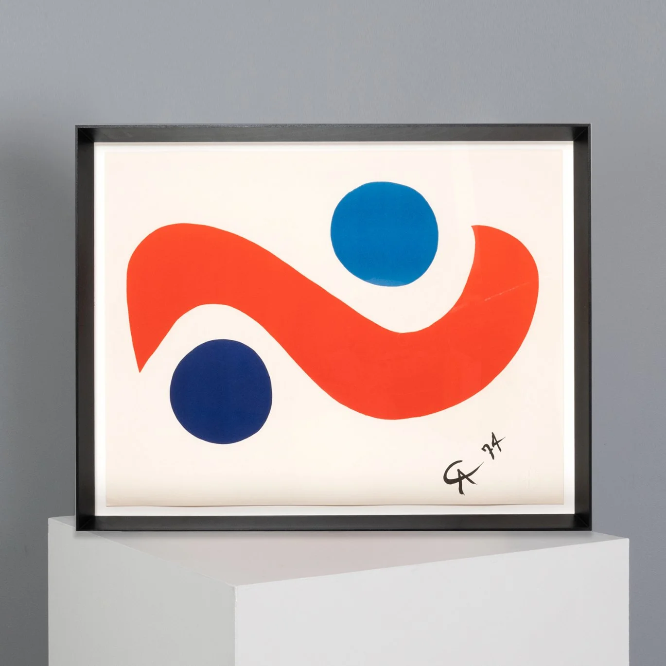 Abstract artwork featuring two blue circles and a red curved shape on a white background, signed in the bottom right corner.