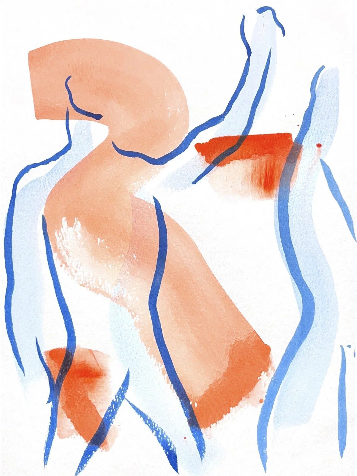 Abstract watercolor painting of a nude female figure with blue outline and red accents.