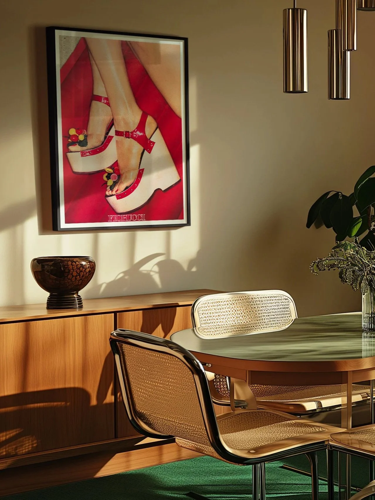 Decorative framed picture of legs wearing red high heels and red dress, with a label 'Fiorucci', in a modern dining room with a wooden sideboard, dark bowl, glass vase with green plant, and hanging pendant lights.