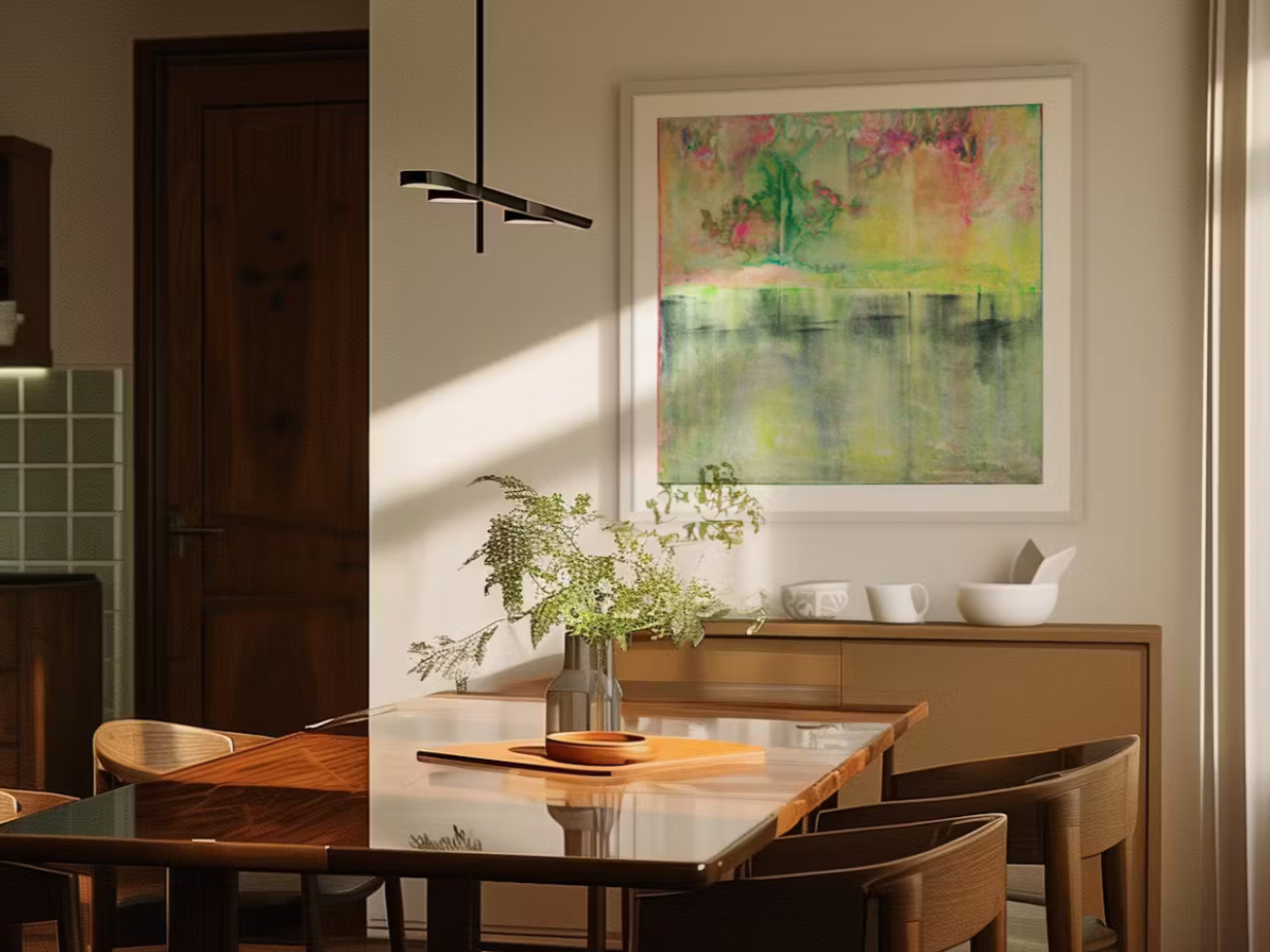 A dining room with a wooden table, four chairs, a vase with green foliage, and a sideboard with white dishes, with a colorful abstract painting on the wall and sunlight streaming in.