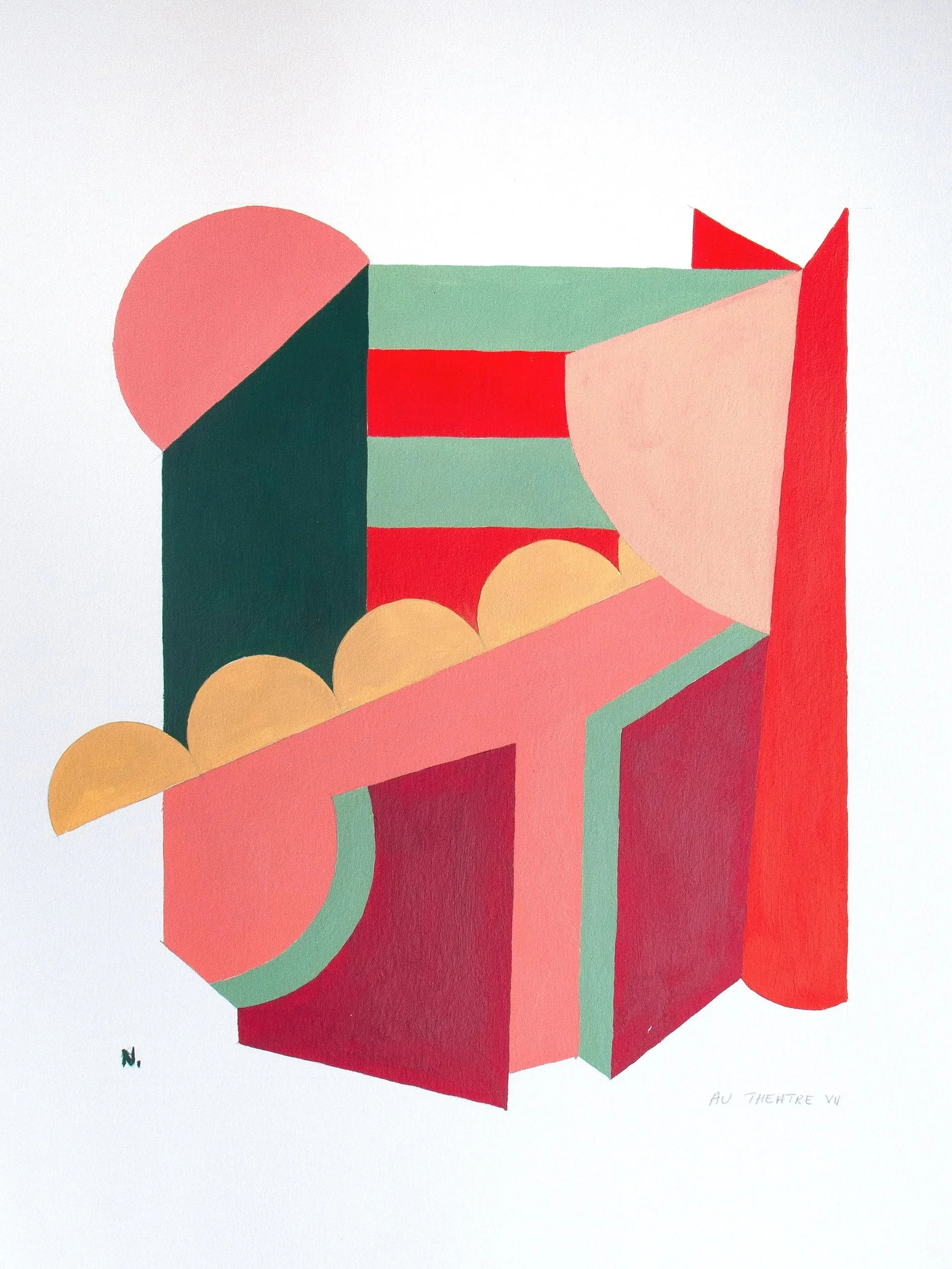 Abstract geometric artwork with shapes in green, red, pink, peach, and beige on a white background, with handwritten text 'AU THEATRE VII' and initial 'N.' at the bottom.