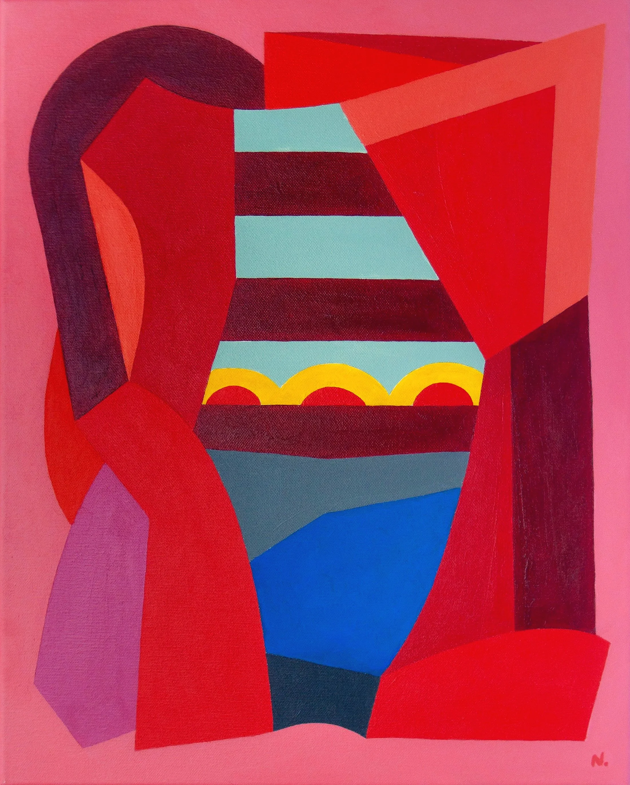 Abstract geometric artwork with overlapping shapes in red, blue, teal, black, purple, and pink on a pink background.