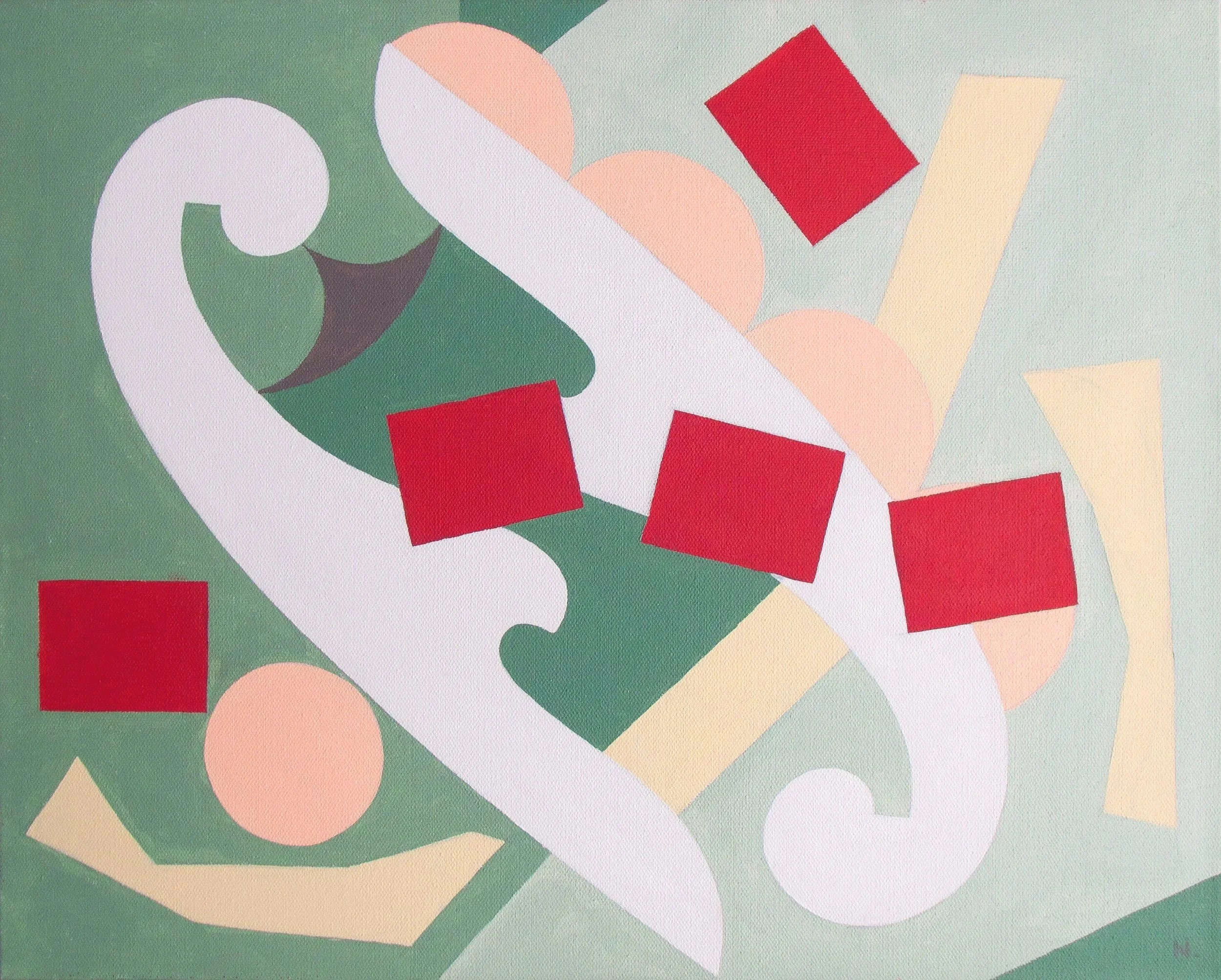 Abstract geometric artwork featuring pastel and red shapes on a light green background.