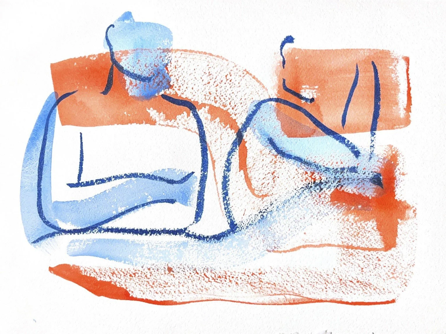 Abstract watercolor painting of two people lying on their sides, facing each other, with one person holding a glass of wine, in shades of blue and orange.