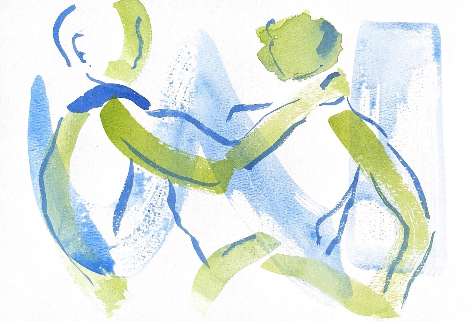 Watercolor painting of a man and woman in an elevator, with the man helping the woman adjust her shoe.