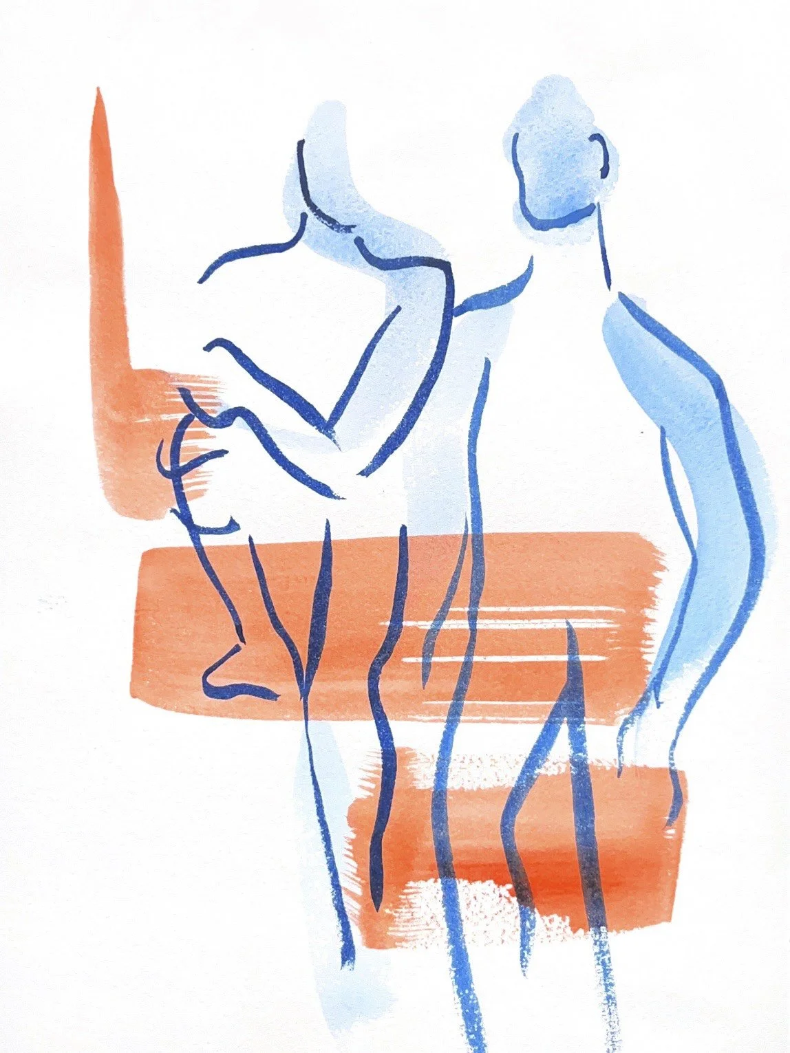 Abstract watercolor illustration of two figures, one sitting and one standing, with orange and blue shades.