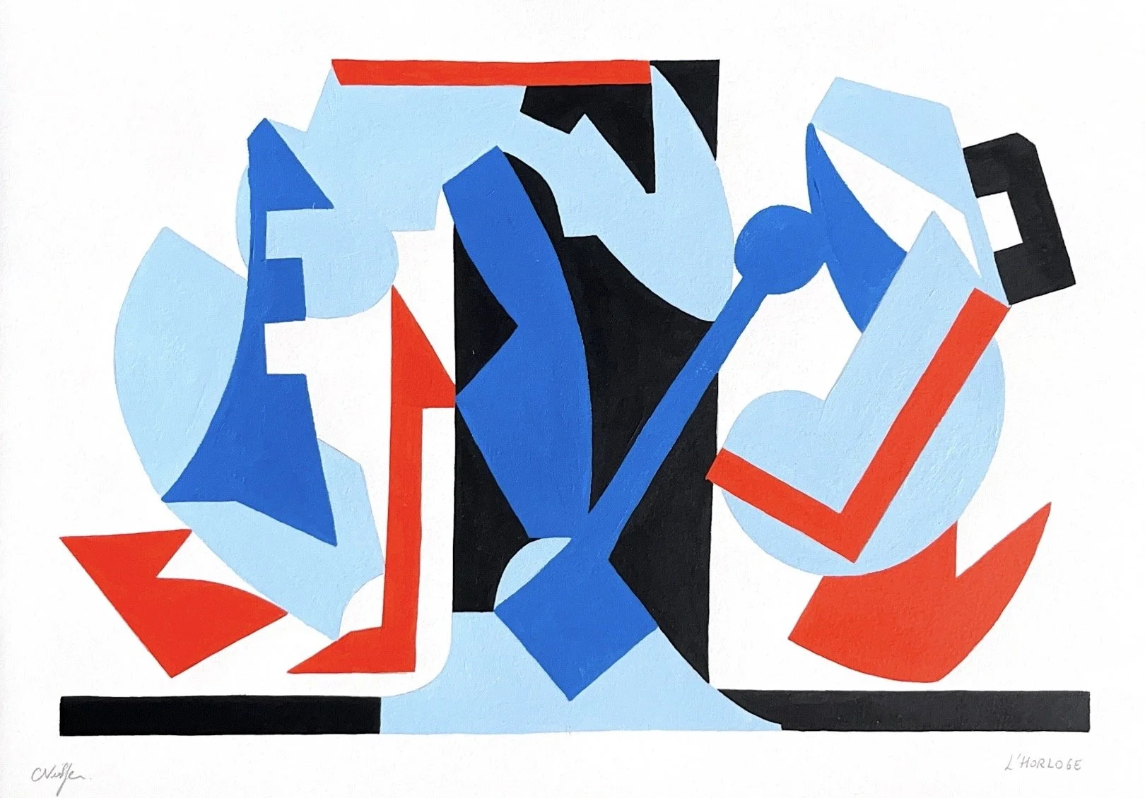 Abstract geometric painting with blue, black, red, and white shapes, titled 'L'Horloge'.