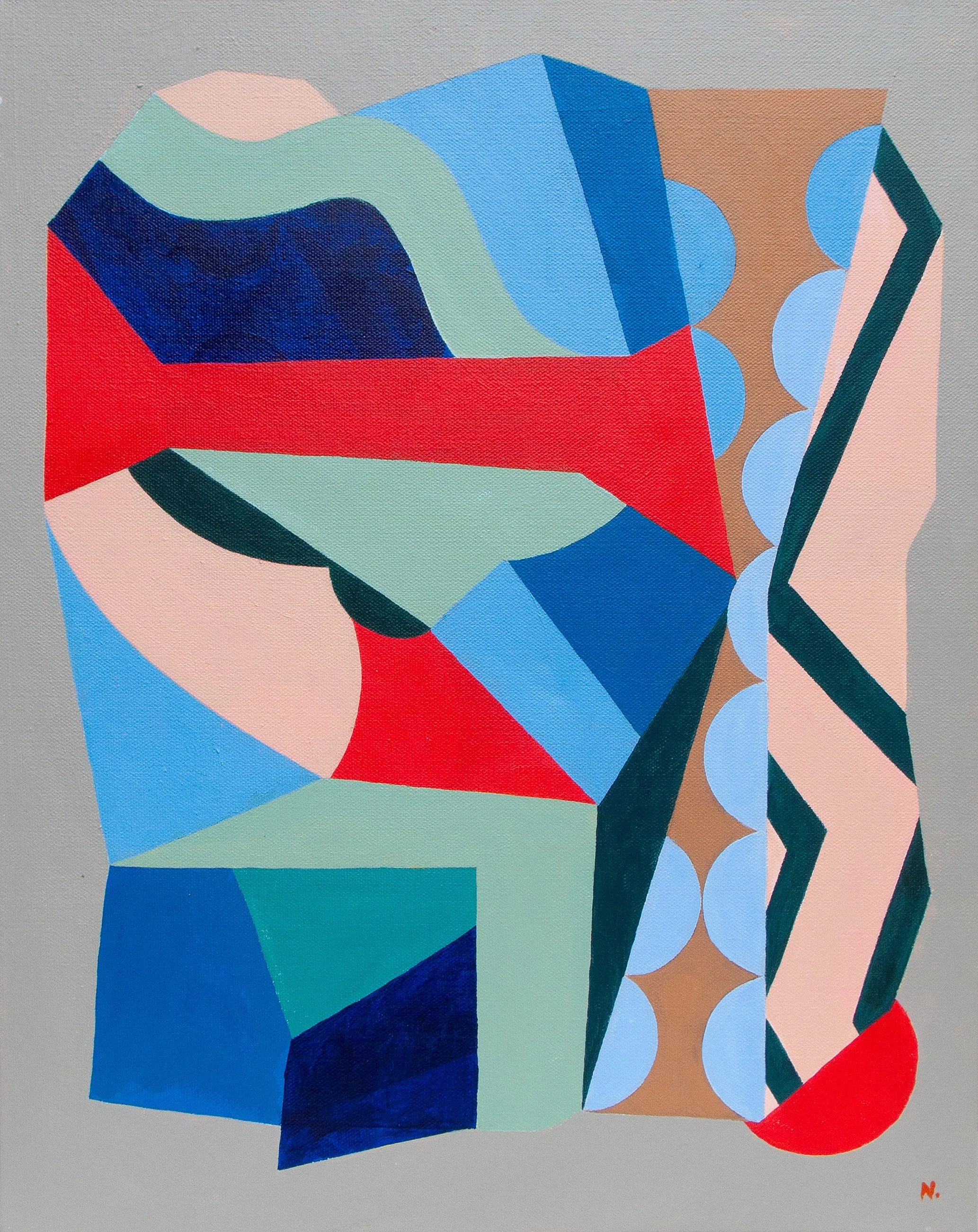 Abstract geometric artwork with various shapes and colors, including blue, red, green, pink, and brown, arranged in a complex pattern.