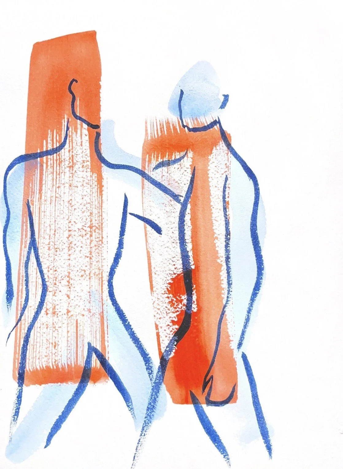 Abstract watercolor painting of two nude women standing close together, with minimal lines and warm orange and cool blue tones.