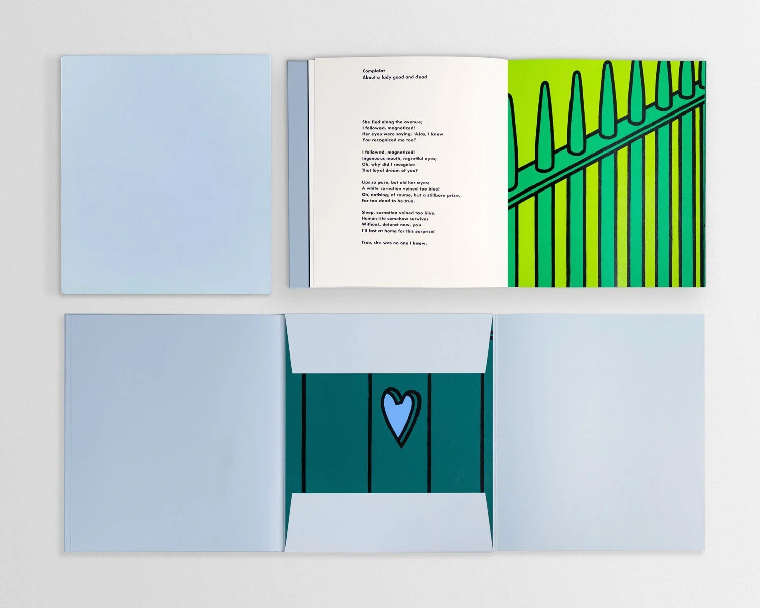 Open greeting card with poem and graphic design, surrounded by light blue envelopes on a white background.
