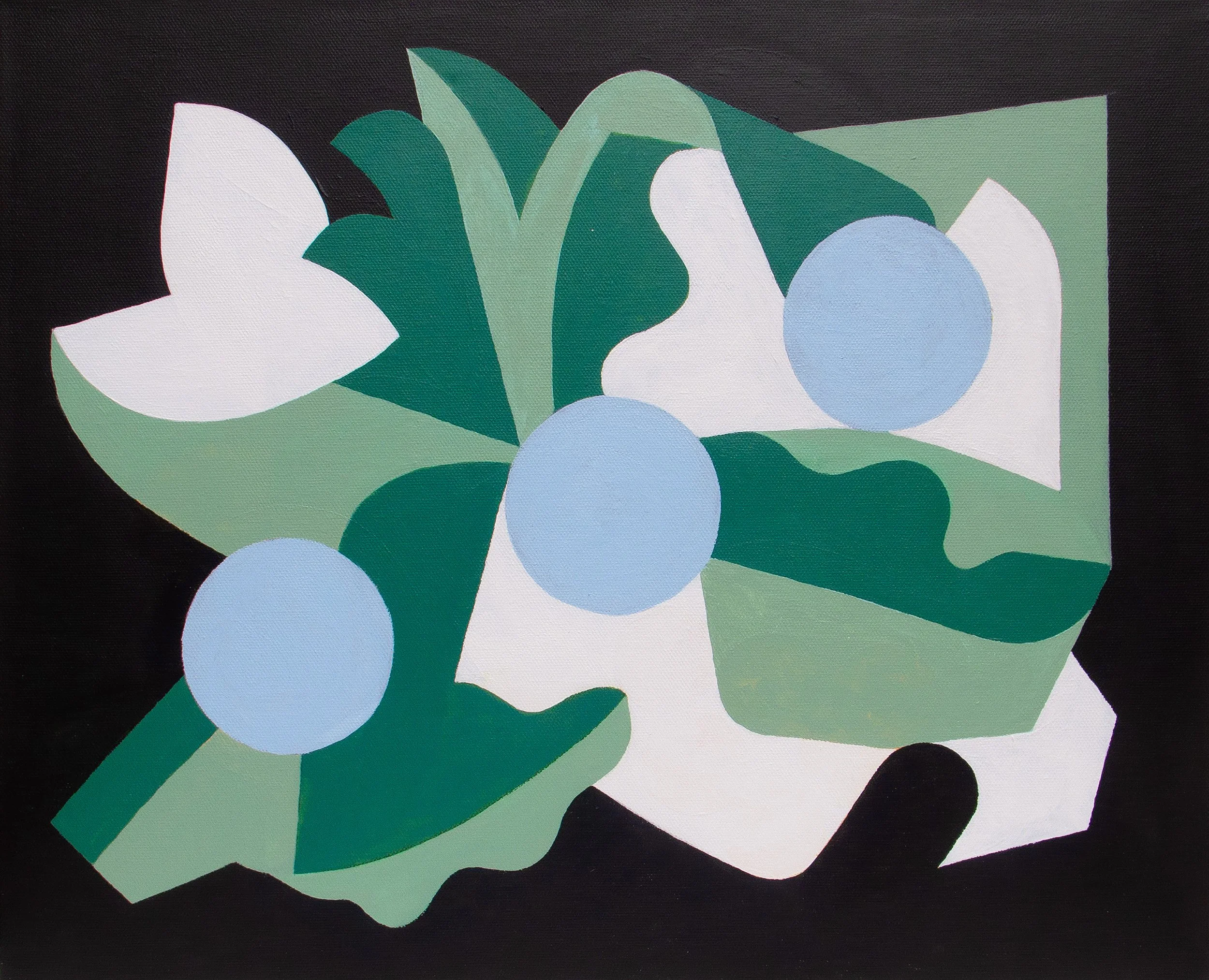 Abstract artwork with green, white, and blue shapes on a black background.