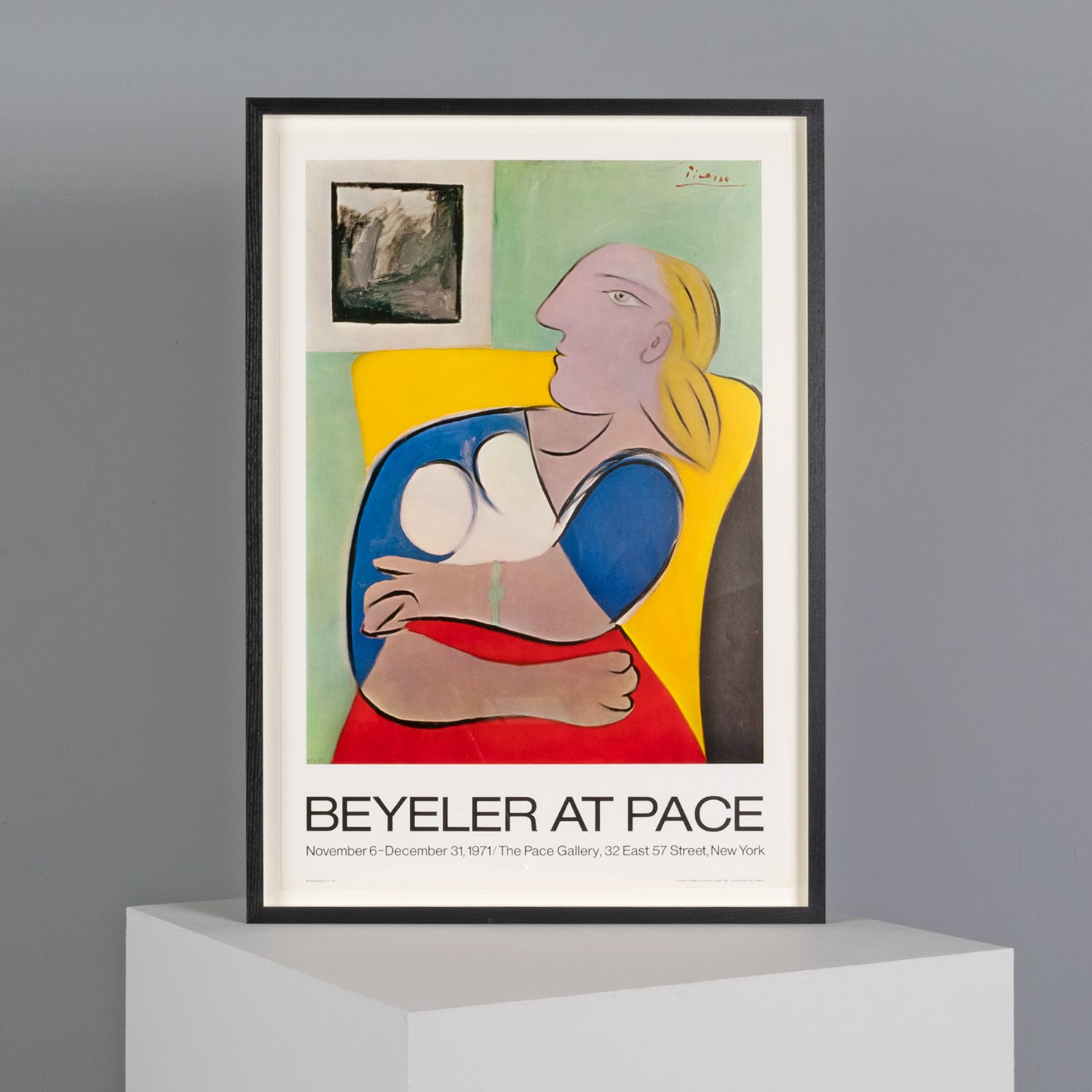 Poster for an art exhibition titled 'Beyeler at Pace,' featuring a colorful abstract painting of a woman with blonde hair, a blue top, and a red skirt, sitting in a yellow chair, with additional artwork in the background.