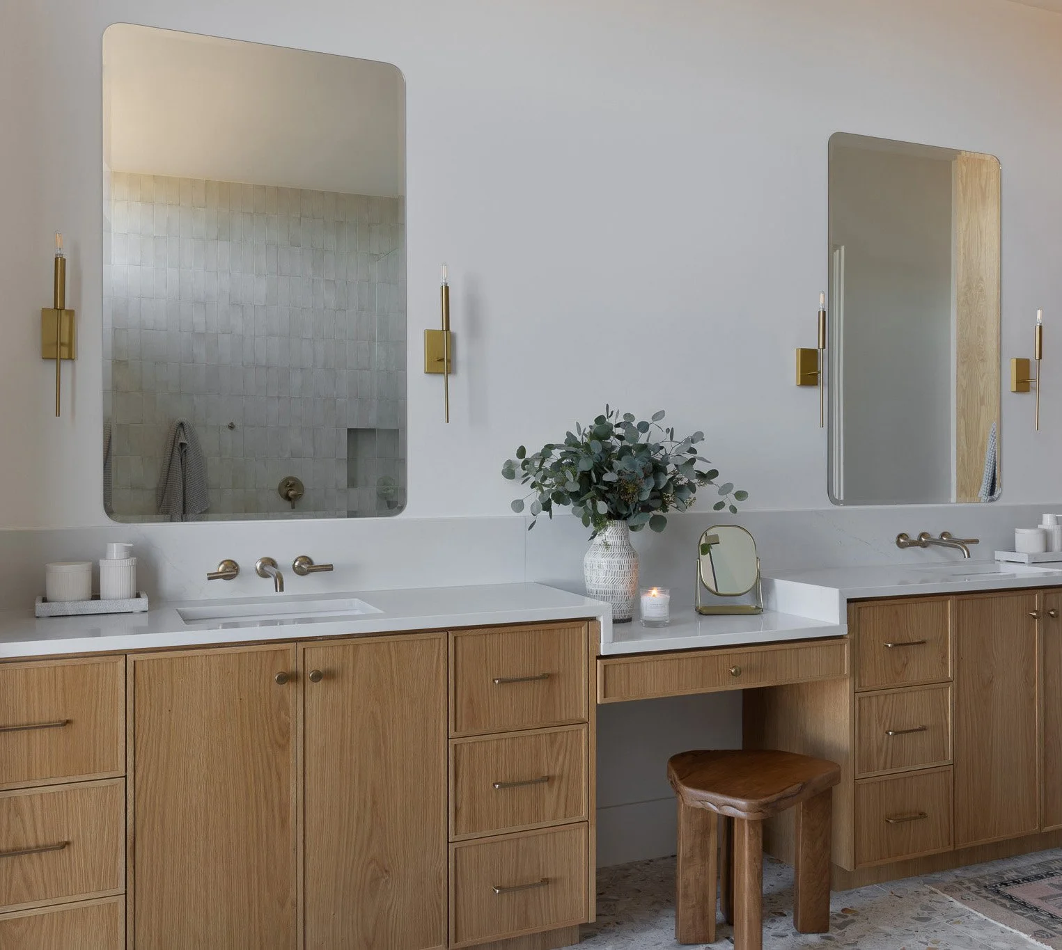 Stratus Prime Acropolis quartz vanity top on natural wood cabinets.