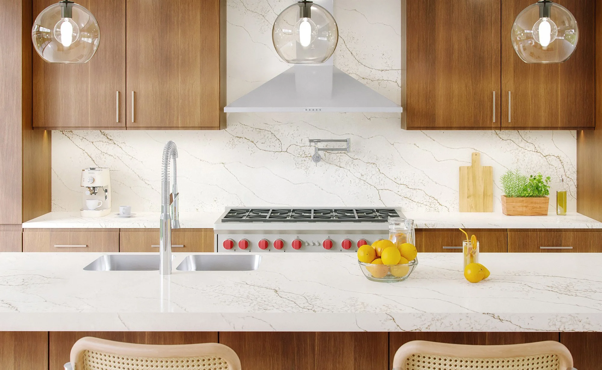 Subtle Lusso Dior quartz island, countertops, and full-height backsplash accented by natural wood cabinets.