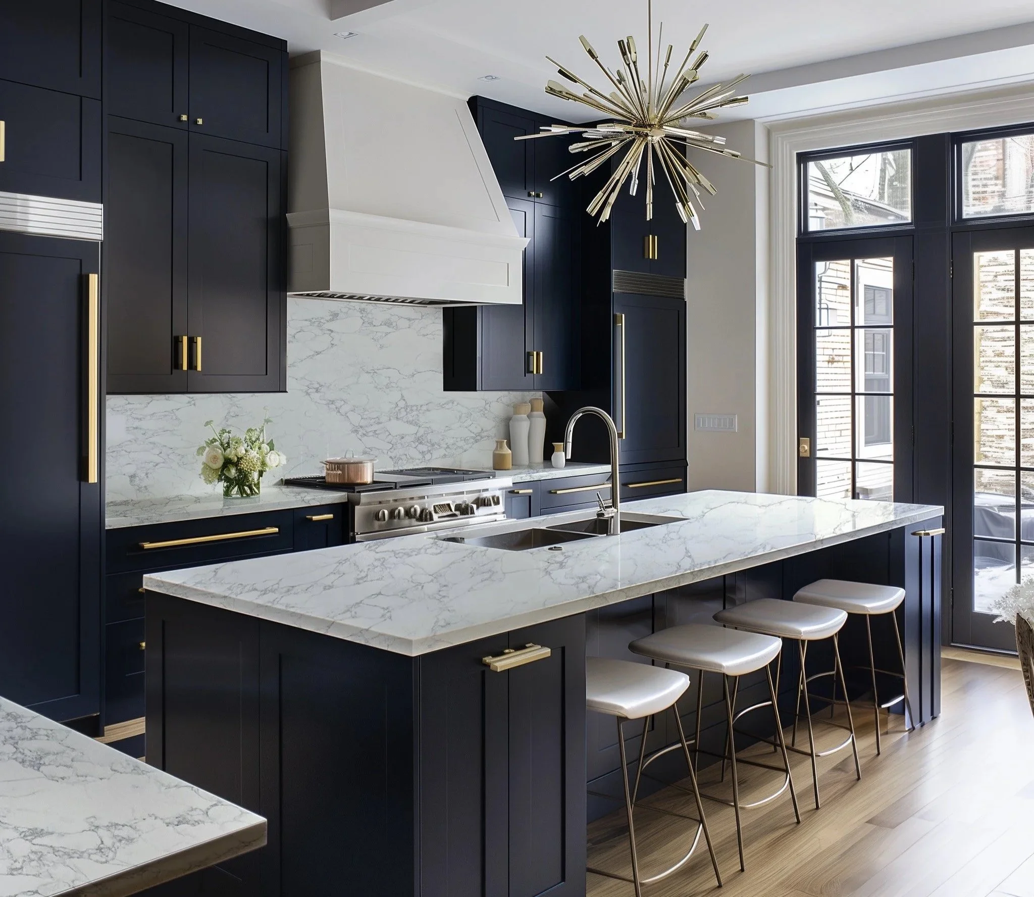 Deep Prussian Blue cabinets are topped with Stratus Arabescato Vagli quartz, a blue-veined marble recreation.
