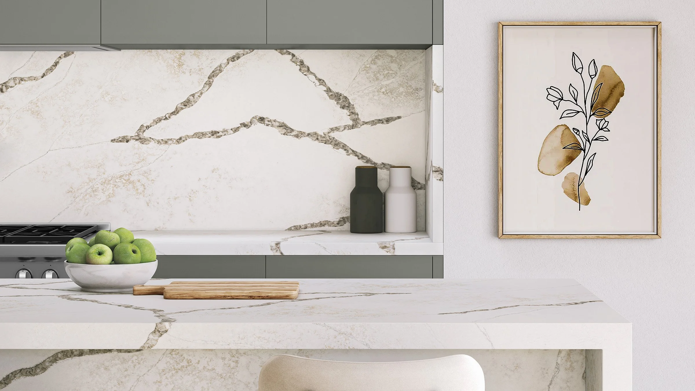Stylish modern kitchen with bold, marble-patterned Amalfi Pro quartz.