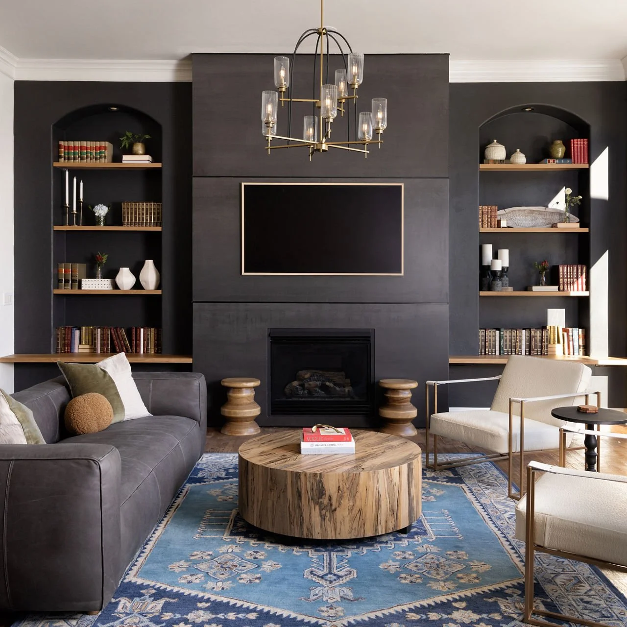 Soft grey Chromium Porcelain wall and fireplace surround.