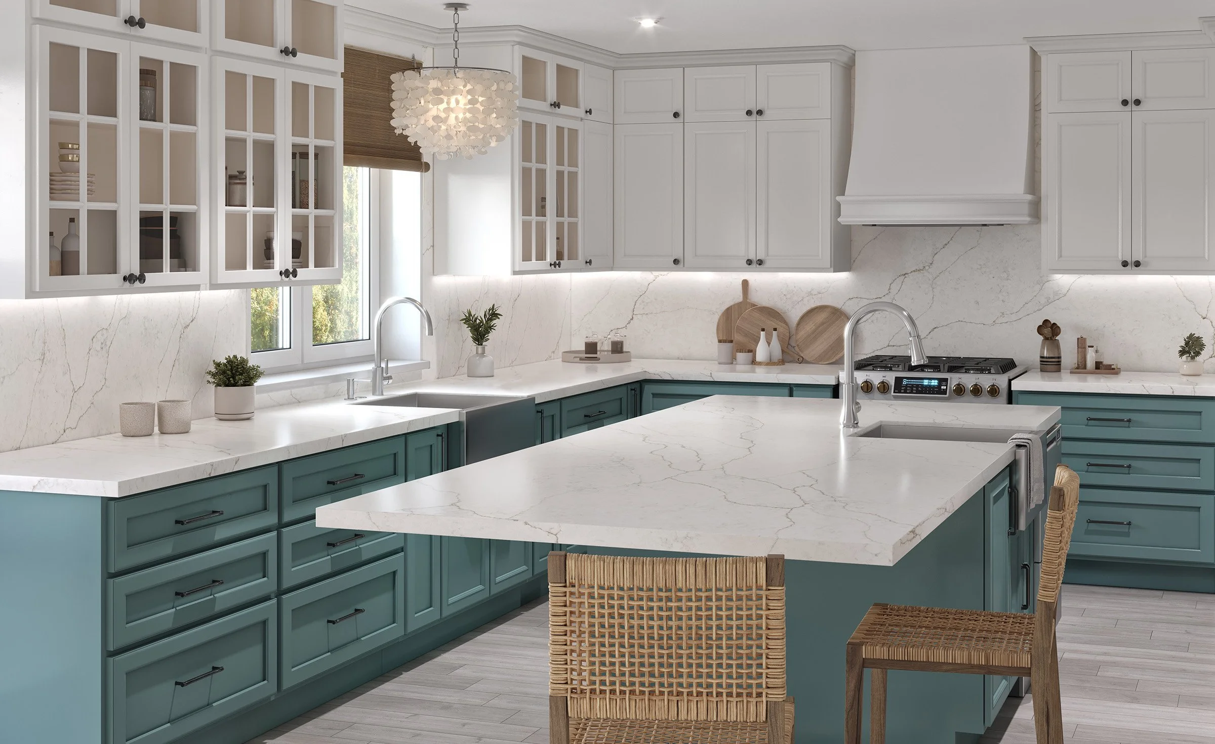 Ethereal marble-style quartz island, countertops, and full-height backsplash are complemented by robins egg blue lower cabinets and white upper cabinets in this mid-size kitchen.