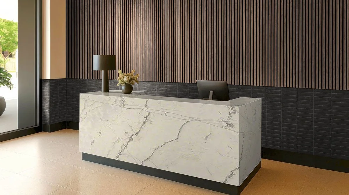 Elegant eggshell-and-grey-colored natural quartzite desk.