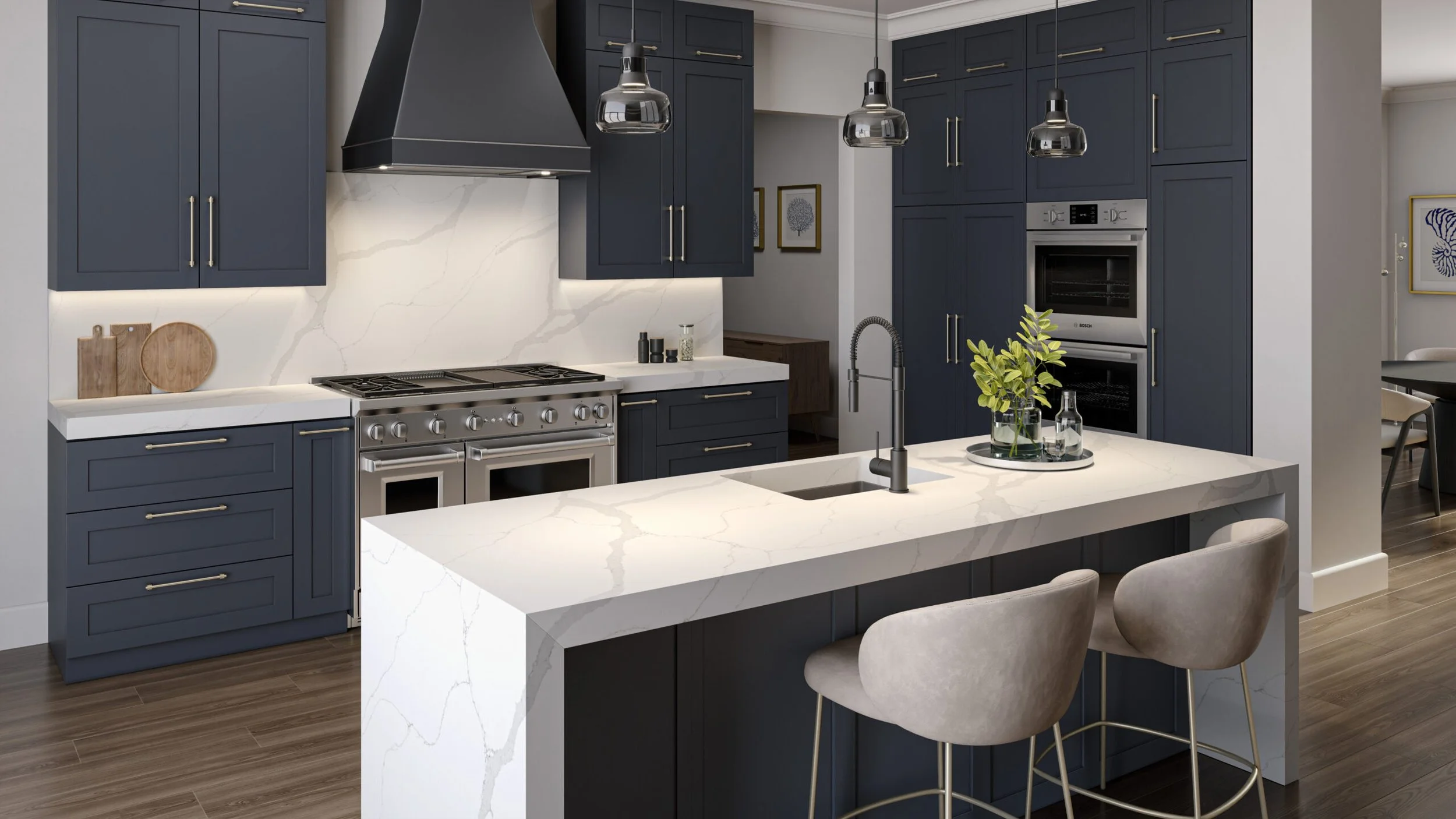 Stratus marble-style Calacatta Lucent quartz island, countertop and full-height backsplash complement dark grey custom cabinets.