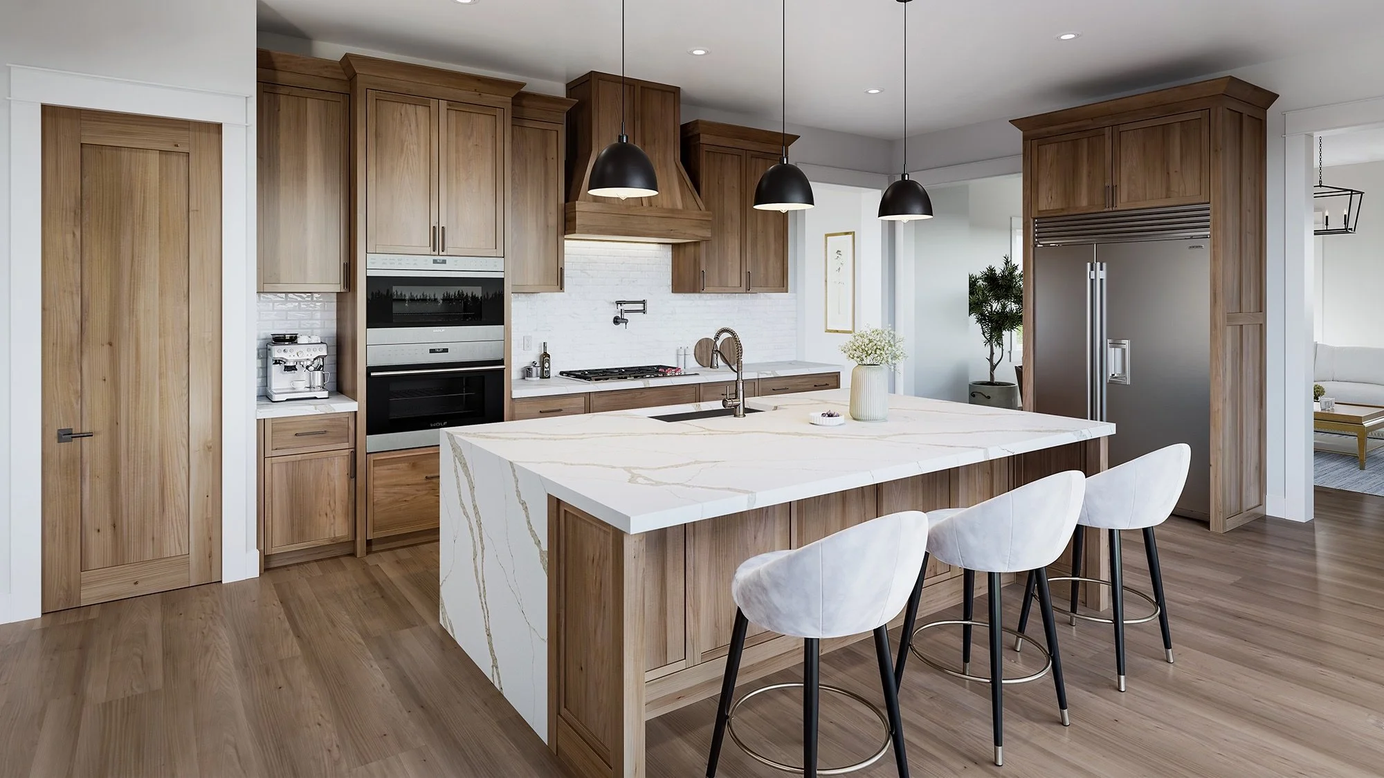 Medium-toned wood and marble-veined Calacatta Solana quartz kitchen.