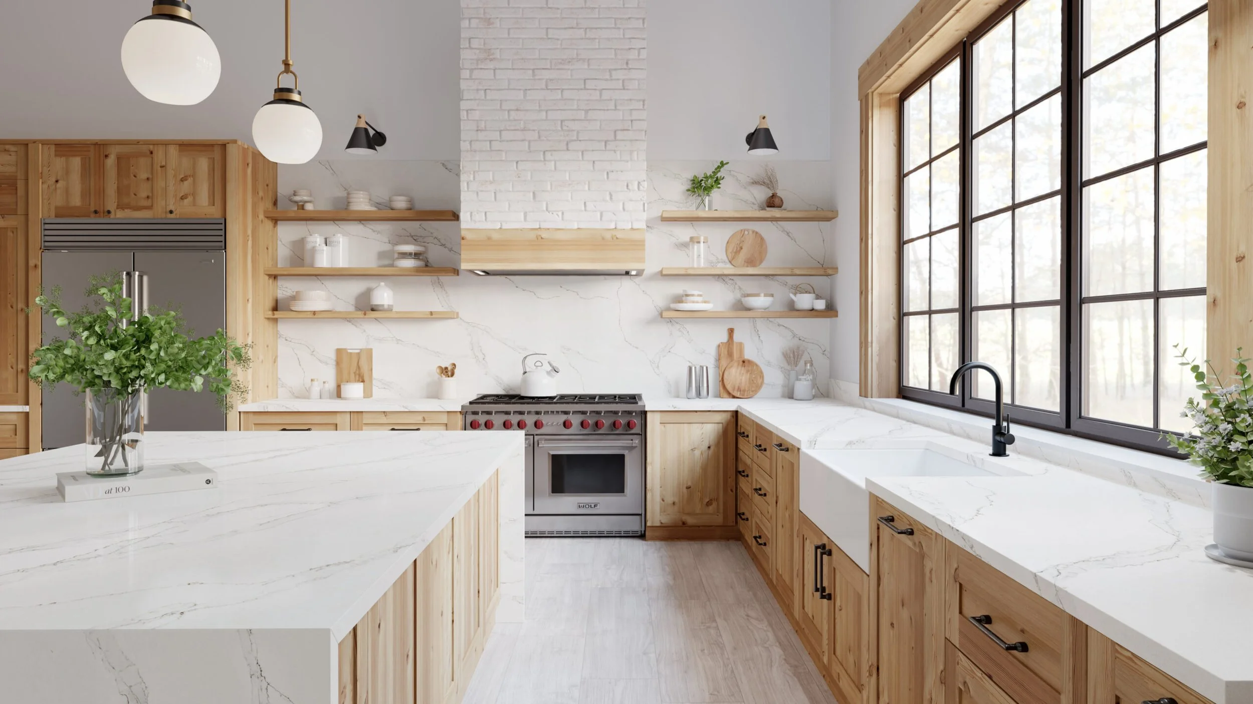 Spacious natural wood kitchen with white-and-grey-veined Stratus Calacatta Altissimo quartz countertops and full-height backsplash.