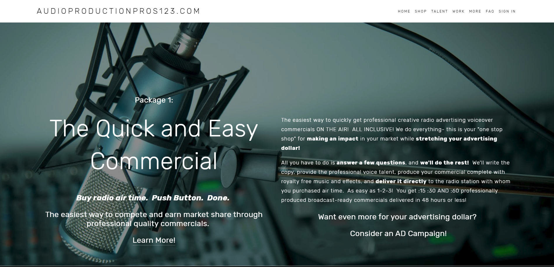 Screenshot of home page for www.AudioProductionPros123.com