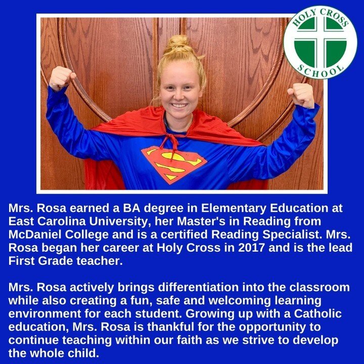 It's #TeacherTuesday! Meet Mrs. Rosa, our fabulous first grade teacher! Her superpower? Being an amazing and engaging teacher! #adwcommunity #iloveholycross