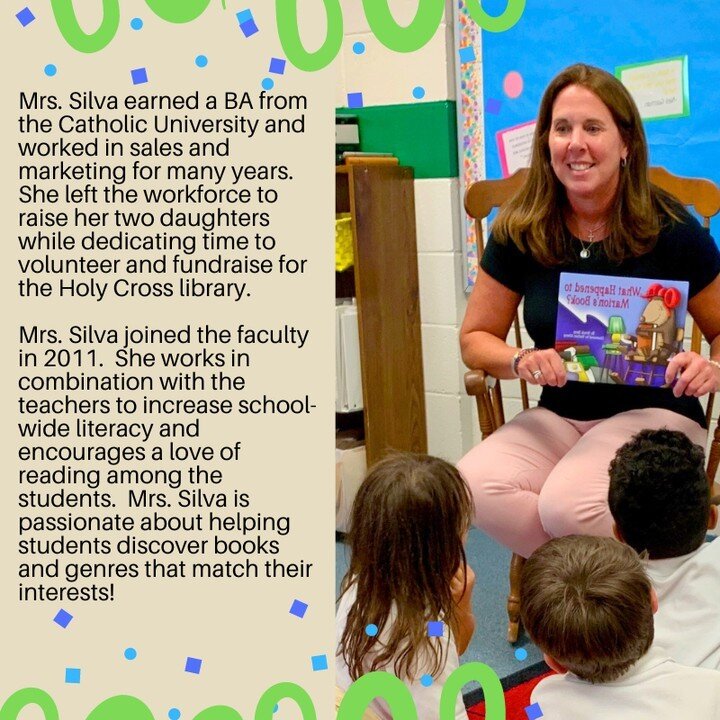It's #TeacherTuesday! Meet Mrs. Silva, our laudable librarian! 
Author/illustrator Sarah McIntyre said, &quot;A Trained Librarian is a Powerful Search Engine With a Heart.&quot; We couldn't agree more! 📚💚 #adwcommunity #iloveholycross