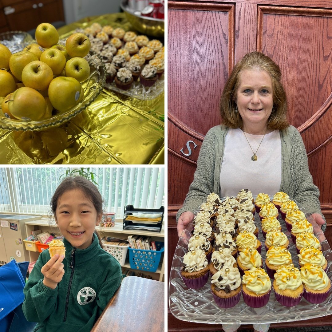 It wouldn't be a Golden Apple award celebration without treats, right? In keeping with the golden theme, faculty and Mrs. Holt's 4th Grade students enjoyed delicious cupcakes from Gwenie's Pastries! 😋 #adwcommunity #iloveholycross #cupcakes #goldena