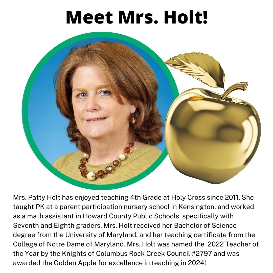 It's #TeacherTuesday! Let's give another round of applause for our fabulous 4th Grade teacher and 2024 Golden Apple Winner, Mrs. Patty Holt! 👏👏👏#adwcommunity #iloveholycross