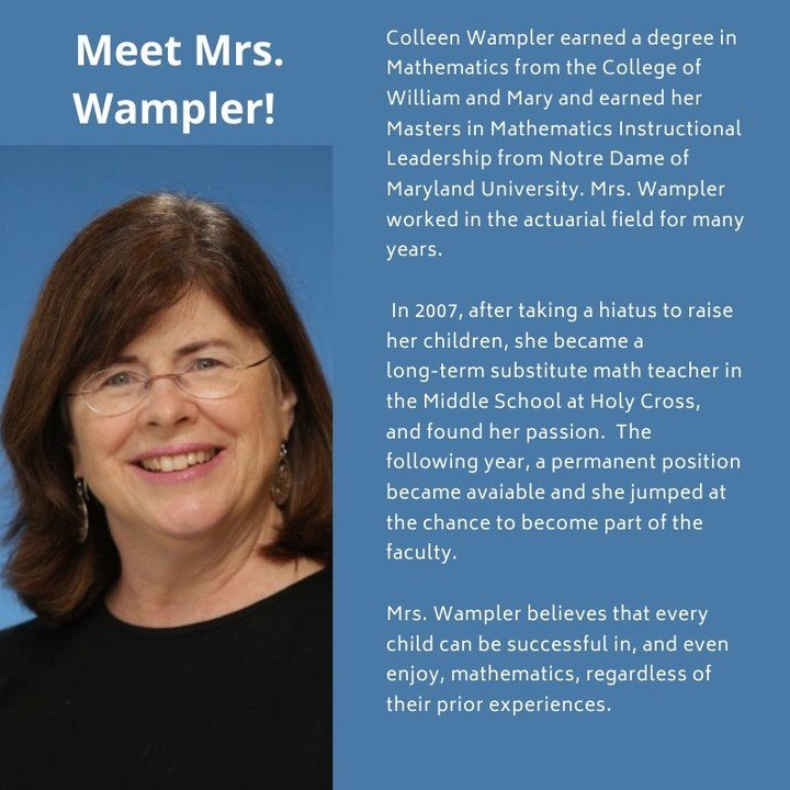 It's #TeacherTuesday! Meet Mrs. Colleen Wampler, an amazing Algebra and Math teacher! #adwcommunity #iloveholycross