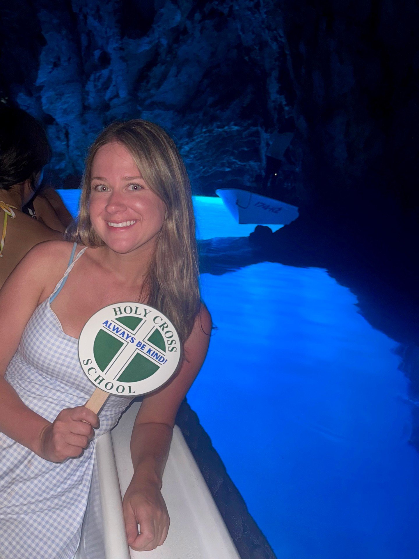 Our fabulous 5th Grade teacher, Miss Striegel, brought her school spirit to the beautiful Blue Cave in Croatia! #ADWcommUNITY #ILoveHolyCross #AlwaysBeKind #SchoolSpirit