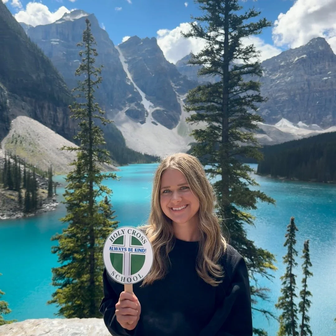 Ms. Striegel shared her Holy Cross School spirit all the way from the stunning Lake Moraine in Banff, Canada over the holiday weekend! #ADWcommUNITY #ILoveHolyCross #Banff #SchoolSpirit #AlwaysBeKind
