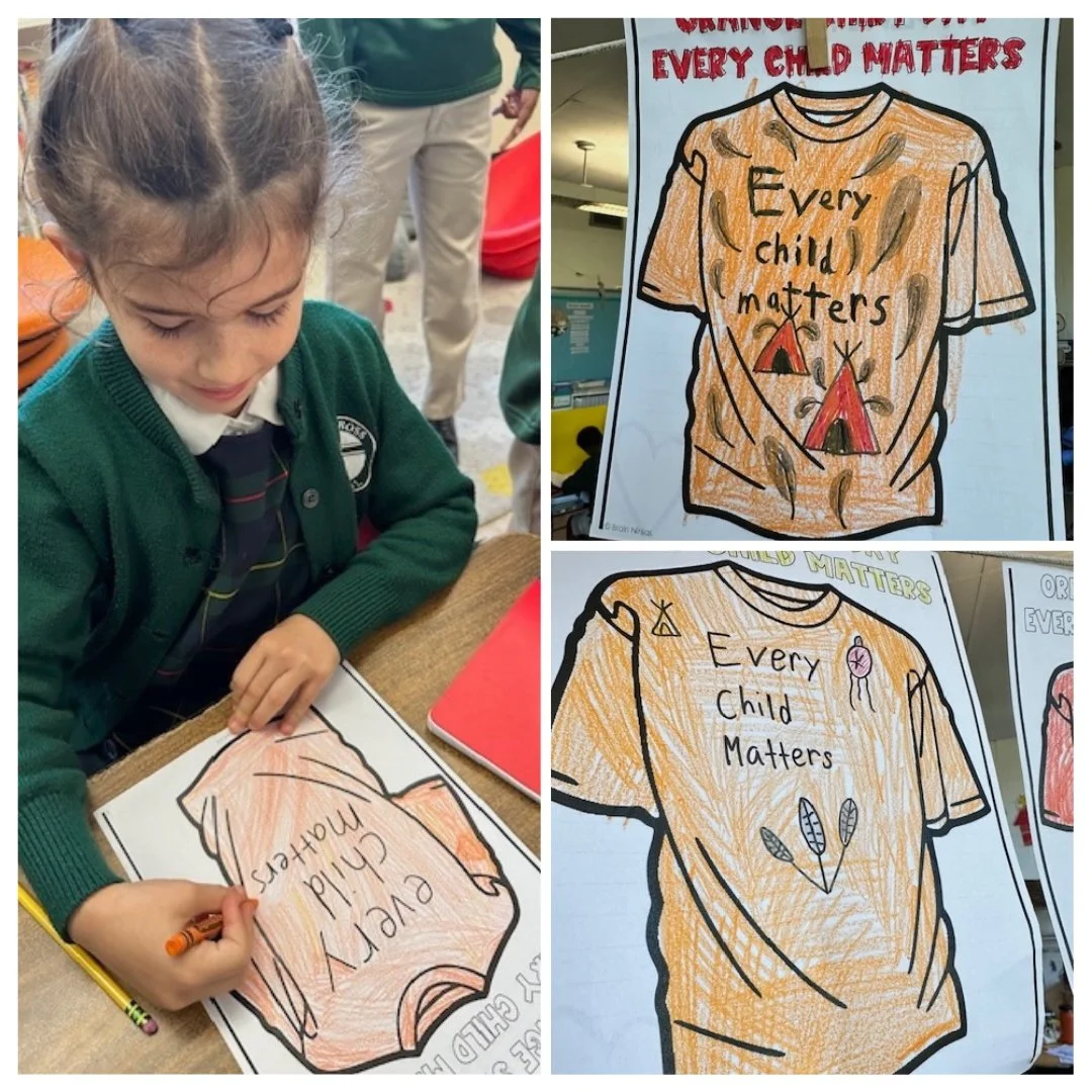 Third Grade learned about the recently held Orange Shirt Day, a day to honor the survivors of Indian Residential Schools and remember the children who never returned home. Students colored and decorated an orange shirt in solidarity with Indigenous P