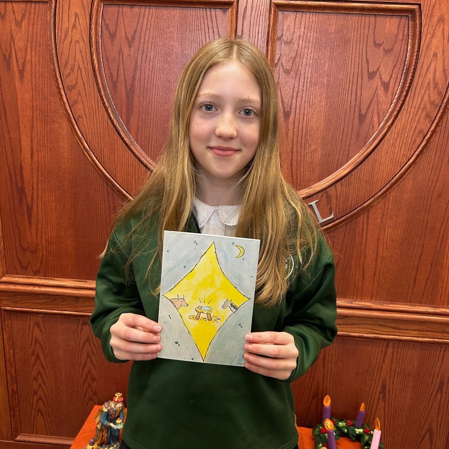 Congratulations to this creative 6th grader! This beautiful original artwork of the Nativity scene was  selected to grace the cover of this year&rsquo;s Holy Cross Church Christmas card! What a wonderful way to share the joy of the season. #ADWcommUN