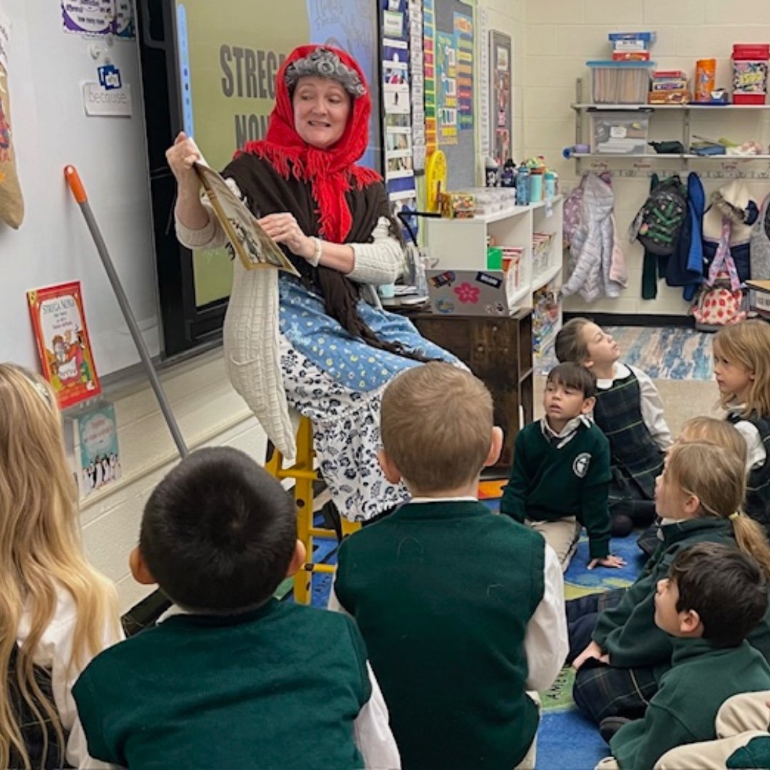 Celebrating the Feast of the Epiphany in 2nd grade! Students enjoyed "The Legend of Old Befana" by Tomie dePaola, made extra special by Mrs. Falcone bringing the story to life in character! Old Befana, a beloved Italian folklore figure, del