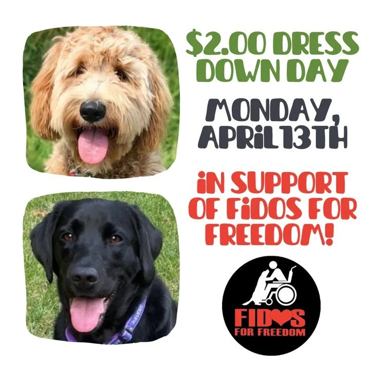 Dress down for a great cause! 🐾 Join us on Monday, 4/13 for a $2 Dress Down Day in support of Fidos for Freedom, which trains service dogs and supports a volunteer-based therapy dog program.
Our students will have the special opportunity to meet som