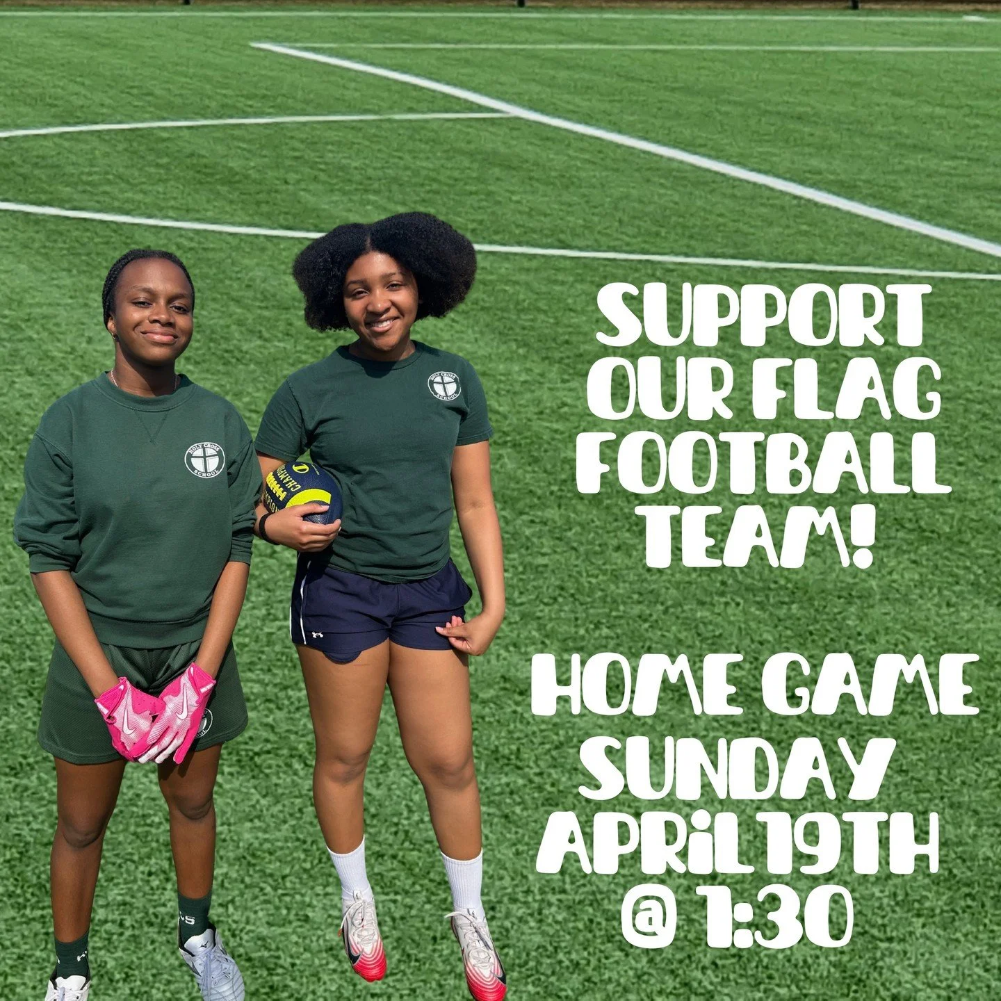 Our HCS Flag Football team plays on its home field this Sunday 19 April at 1:30pm. Hope to see you there! Go Hawks! 💚 #ADWcommUNITY #ILoveHolyCross