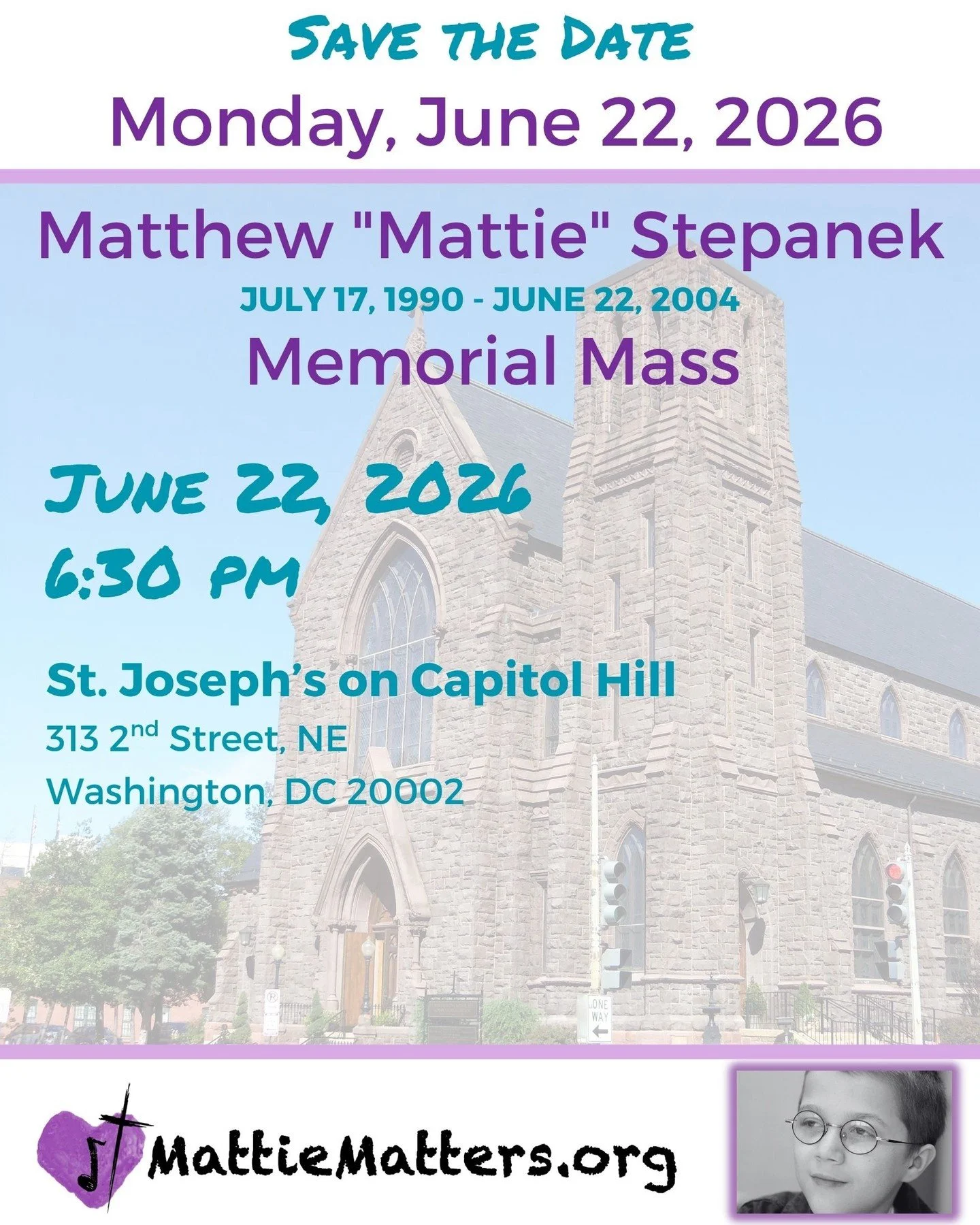 Save the date as we gather to celebrate the life and legacy of Mattie Stepanek at a special memorial Mass. 💜 For additional details please visit https://mattiematters.org #ADWcommUNITY #ILoveHolyCross #MattieMatters