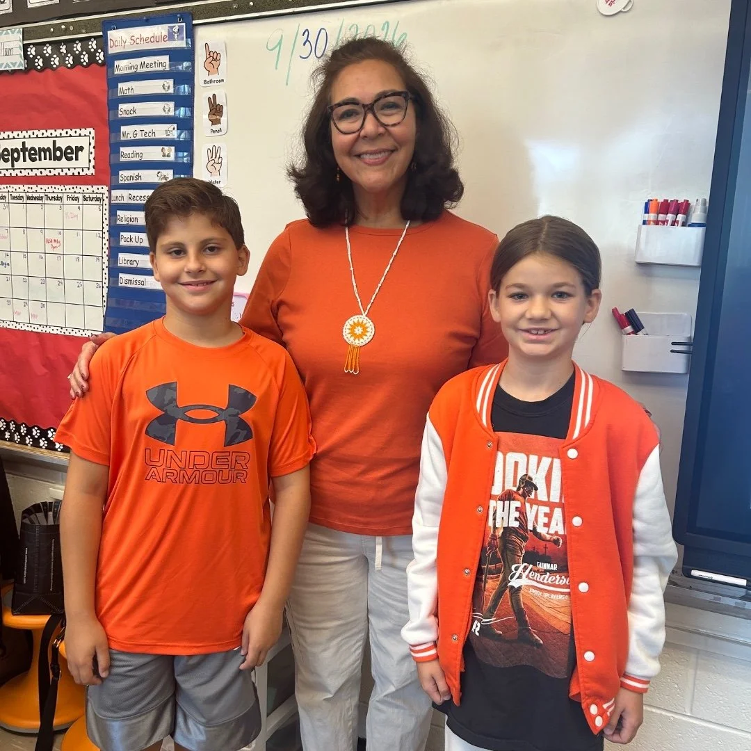 Third Grade teacher Mrs. Kellam (Kiowa and Comanche Tribes of Oklahoma) organized an Orange Shirt Day fundraiser to benefit the American Indian Education Program in Rockville. Orange Shirt Day is a way to honor and remember Native American children w