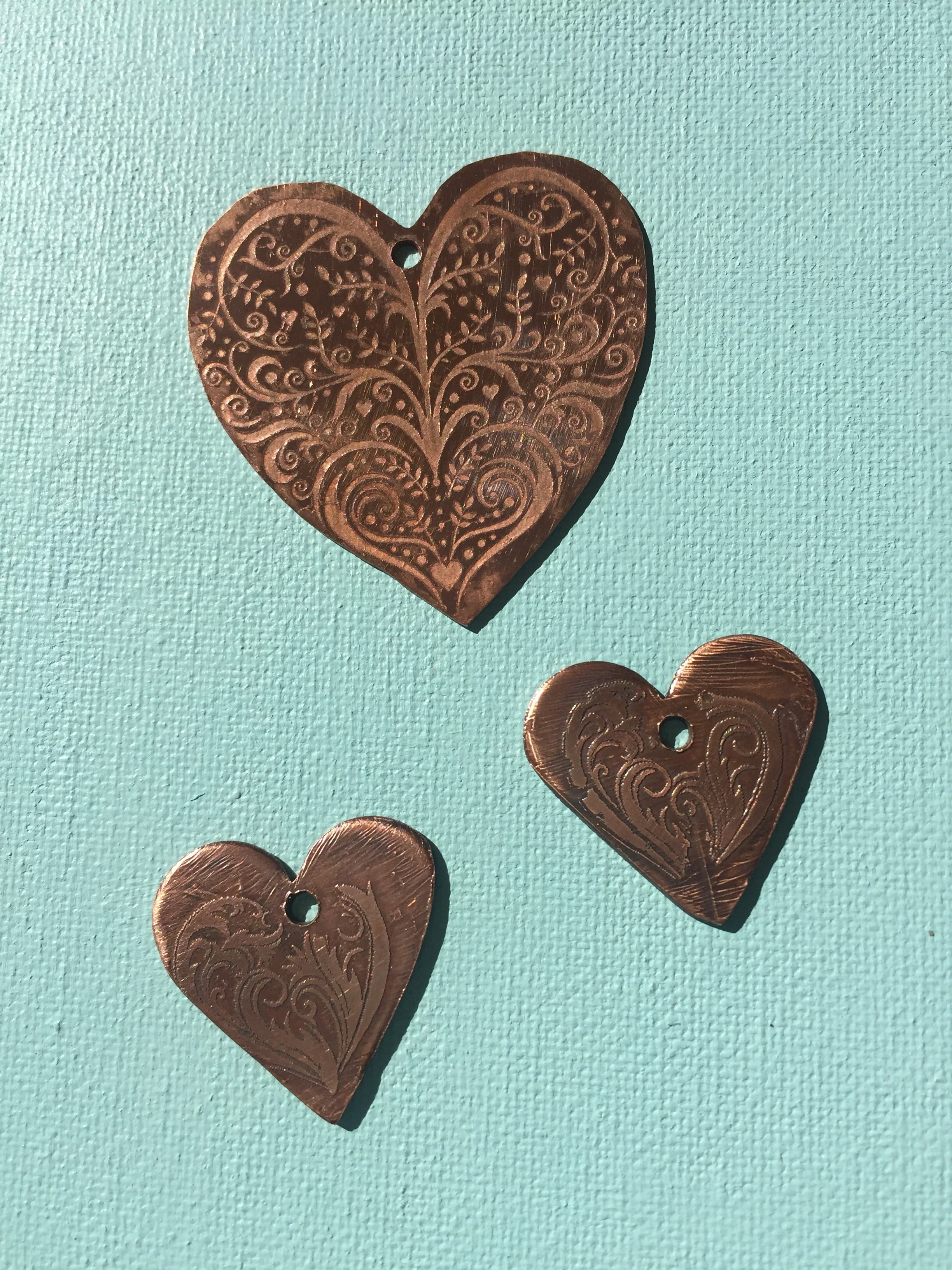 Hand crafted & etched copper hearts