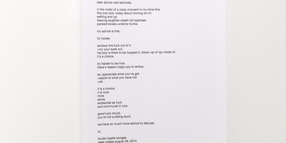   Exchange 3,&nbsp;  Thank You For Your Advice  &nbsp;with Louise Ingalls Sturges at Denny Gallery, New York on August 29, 2014  