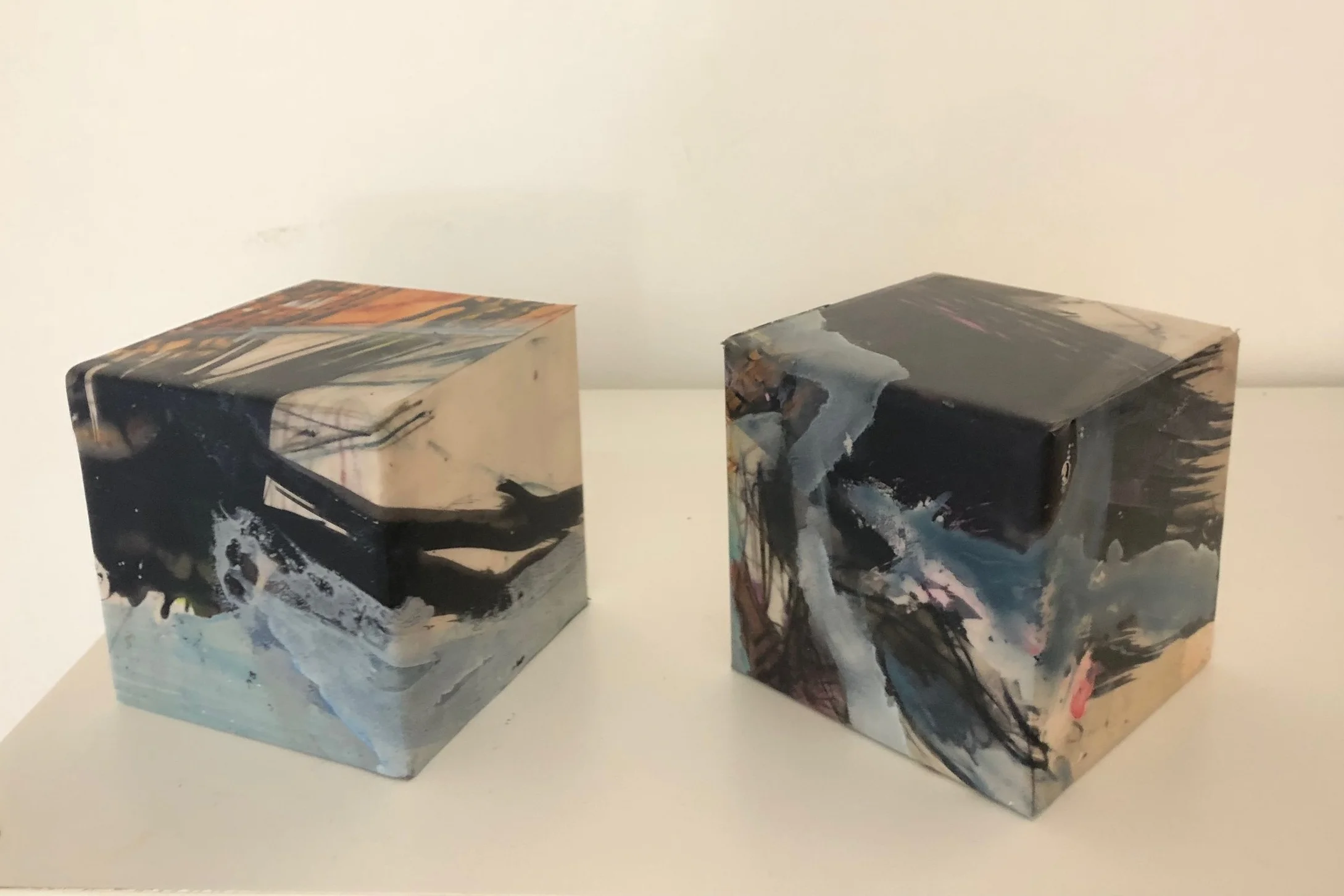 “Faults 1” 4.5” x 4.5” x 4.5 | Ink, Oil, Acrylic, Pastel on Mylar on Wood | Sold (sample)