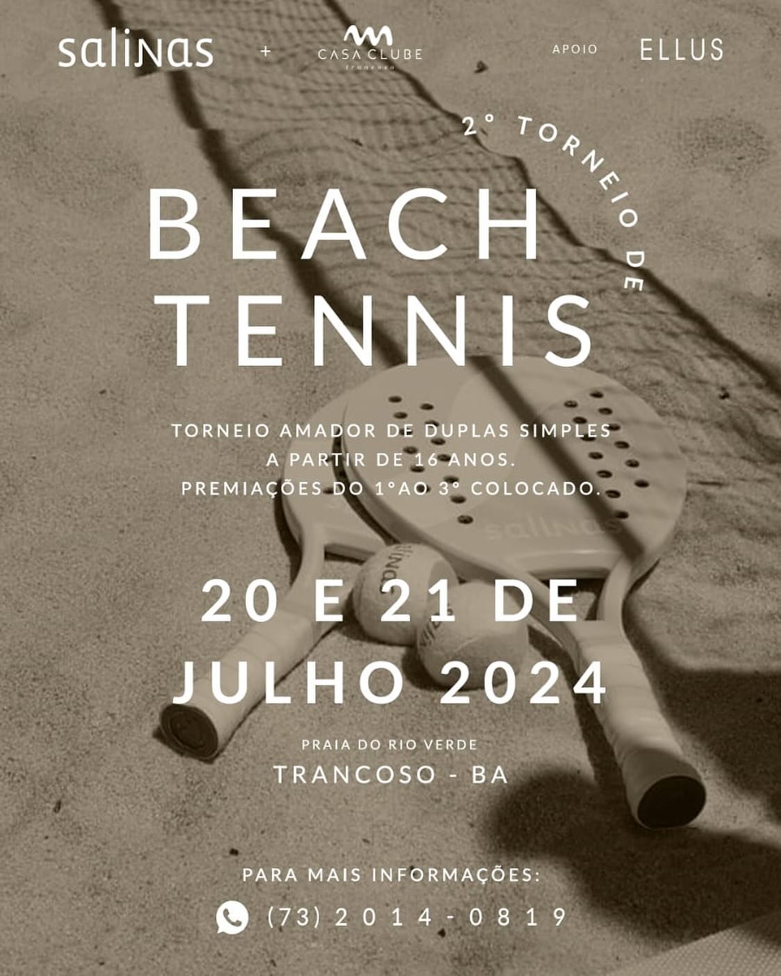 Vem a&iacute; o 2 torneio de Beach Tennis @casaclubetrancoso @salinas !
Dias 20 e 21 de julho!
Categorias feminino e masculino, acima de 16 anos. Vagas limitadas! 
Informa&ccedil;&otilde;es e inscri&ccedil;&otilde;es via whatsapp (73) 2014.0819
☀️👙⛱