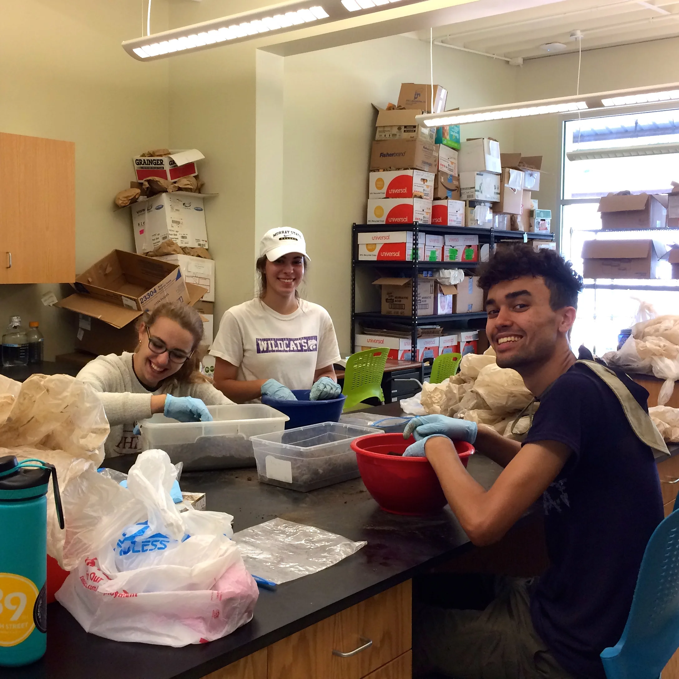 Anna (center) is sifting roots and rocks from prairie soil samples alongside WashU undergraduate students Rebecca (left) and Jacob (right). They are members of the Natural Enemies team working under the direction of Dr. Scott Mangan and Dr. Claudia Stein.