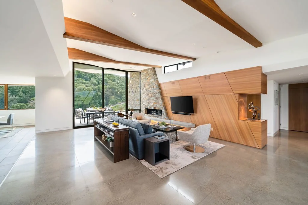 El Halcon_modern interior_funicular_butterfly roof_exposed beams_polished concrete_hand ground concrete_san luis obispo_custom residence_eucalyptus wood